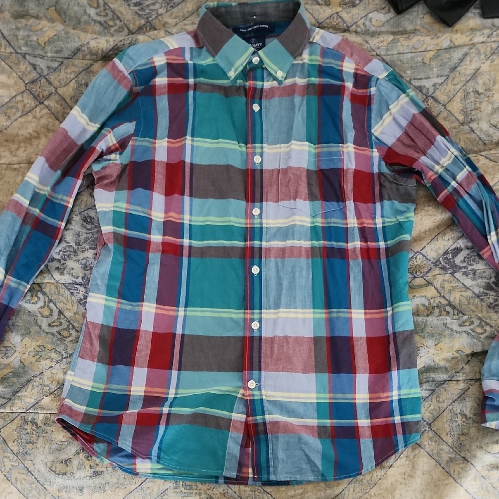 Old Navy Red and Blue Casual Button Down Shirt